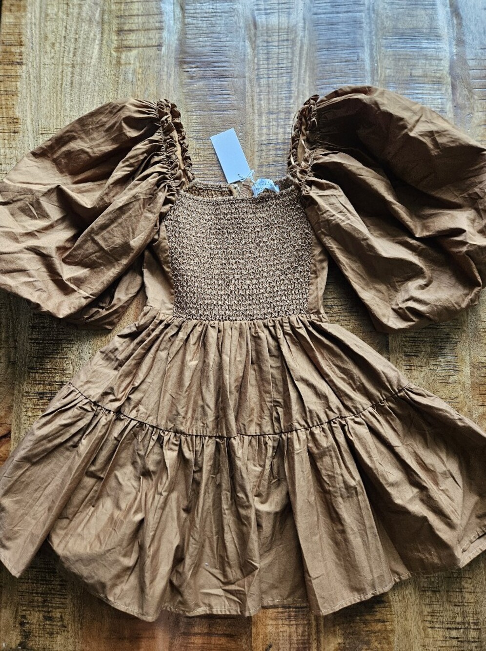 Smocked Puff-Sleeve Mini Dress - Brown NEW